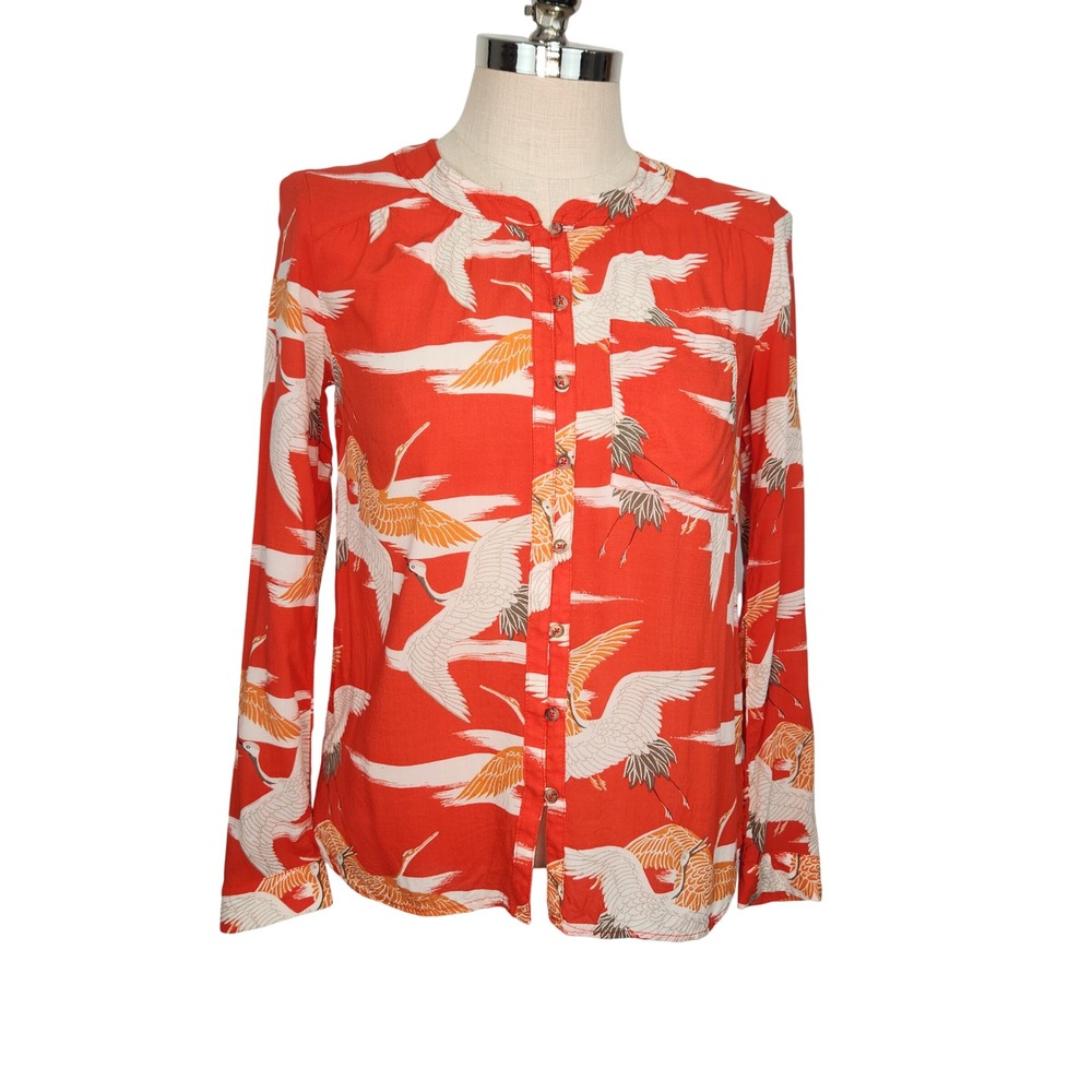 Anthropologie Conversations Crane Print Blouse Button Down Top 6 Red Breezy